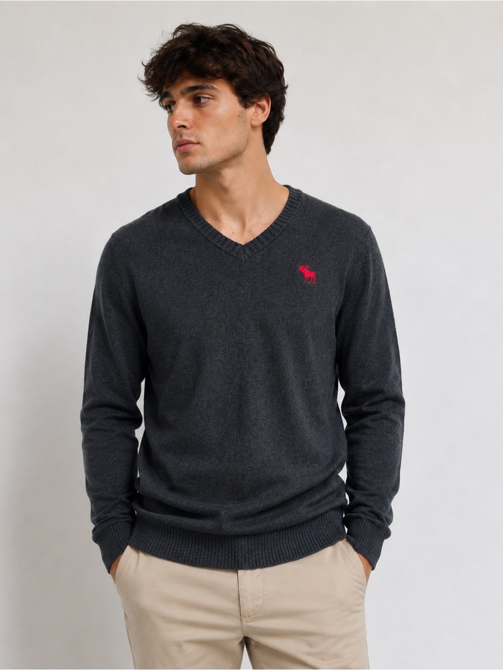 Abercrombie & Fitch Y2K Preppy V-Neck Sweater Charcoal Grey Red Moose Logo M